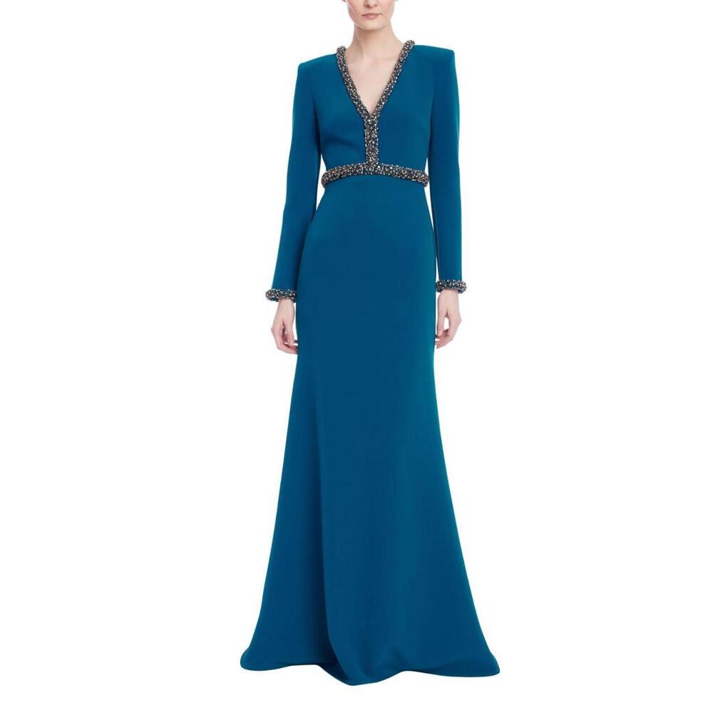 Badgley Mischka sz 0 Teal Modest Embellished Mock Neck Collar Gown $1,265 MOB